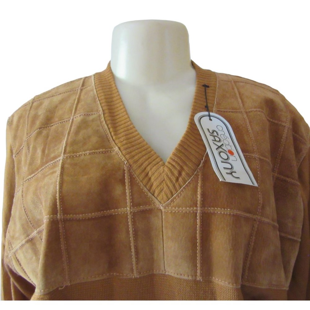 Vintage New w Tags, Saxony Cognac Suede/Leather &Acrylic Sweater in Size L - Picture 3 of 8